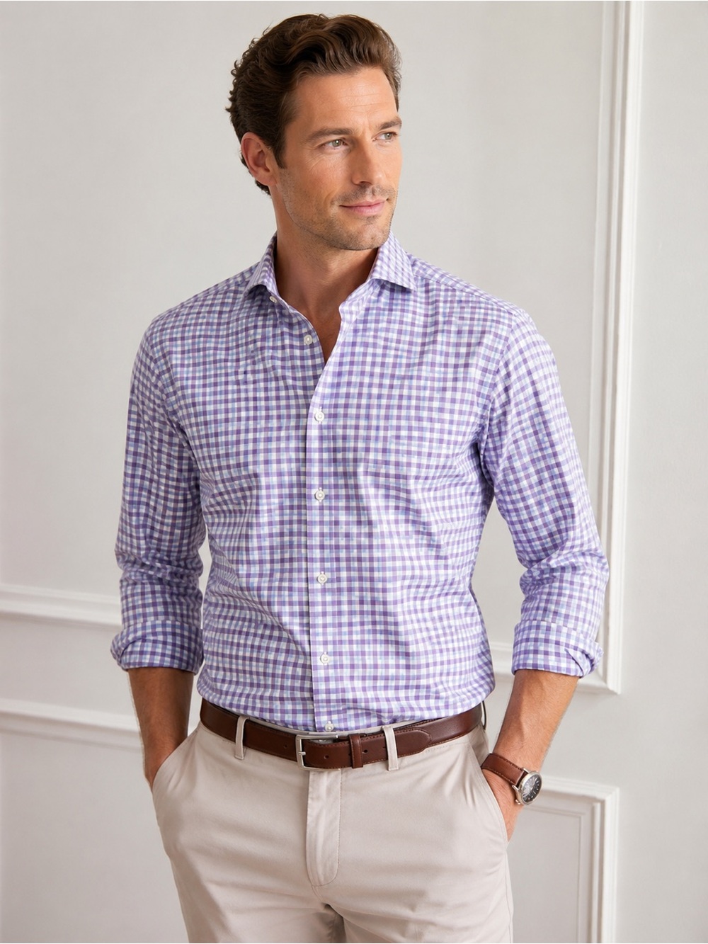 Banana Republic Non-Iron Slim Fit Dress Shirt Purple Blue Gingham Plaid Medium